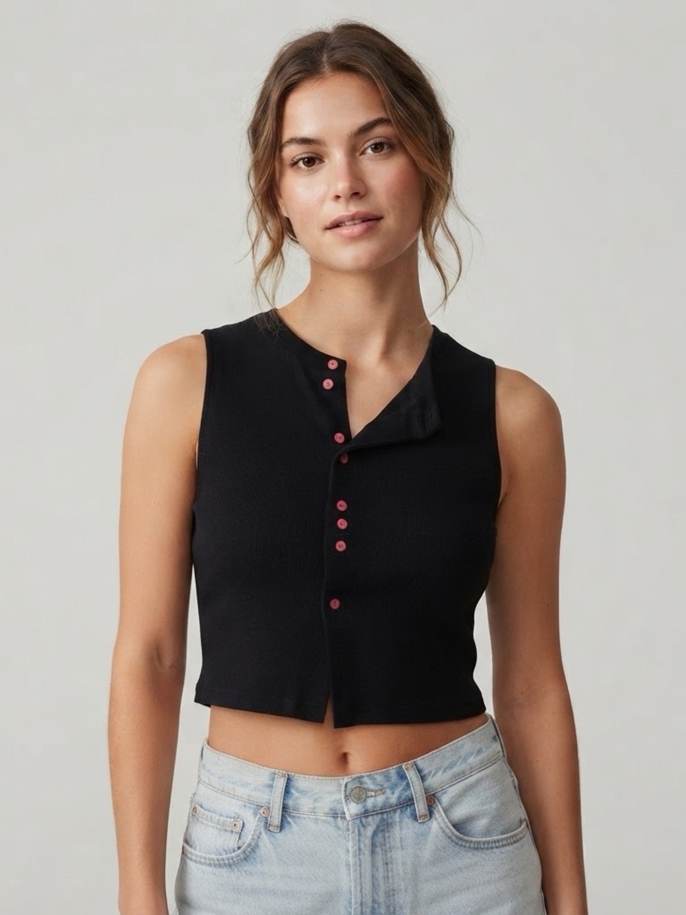 CSFC Black Ribbed Button-Up Crop Top Tank Size M